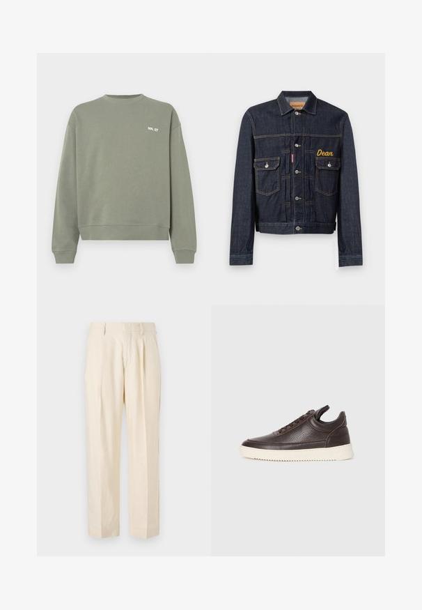 Tummansininen farkkutakki klassisella mallilla, jossa on keltainen kirjailtu nimi "Dean", kaksi rintataskua ja hopeiset napit.; Huppari oliivinvihreä, valmistettu puuvillasta, jossa on pyöreä kaula-aukko, ribbatut hihansuut ja pieni valkoinen tekstilogo rinnassa.; NN.07 KAY - Housut - off white; Tummanruskea teksturoitu nahkasneakeri, jossa on nauhakiinnitys ja valkoinen uritettu kumipohja, vaalealla taustalla.
