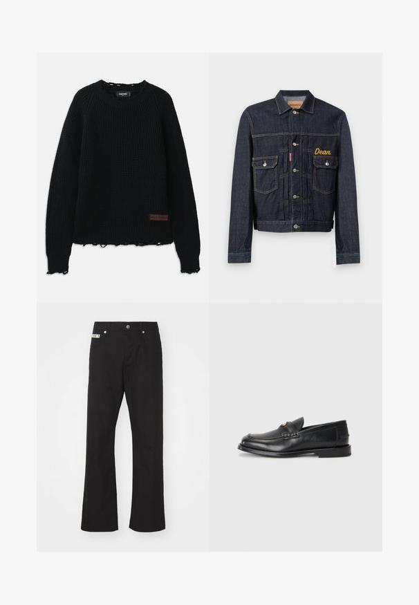 Veste en denim bleu foncé au design classique, avec le nom "Dean" brodé en jaune, deux poches poitrine et des boutons en métal argenté.; Pull en tricot noir à motif gaufré avec un col rond, des poignets côtelés, un ourlet effiloché et une petite étiquette en cuir marron en bas à gauche.; Pantalons en coton noir avec une coupe droite, dotés d'une fermeture à bouton à l'avant, de deux poches latérales et d'une petite étiquette de marque sur la taille.; Des mocassins en cuir noir présentent un bout arrondi, des détails cousus et un petit accent doré à l'avant. La semelle est plate et discrète.