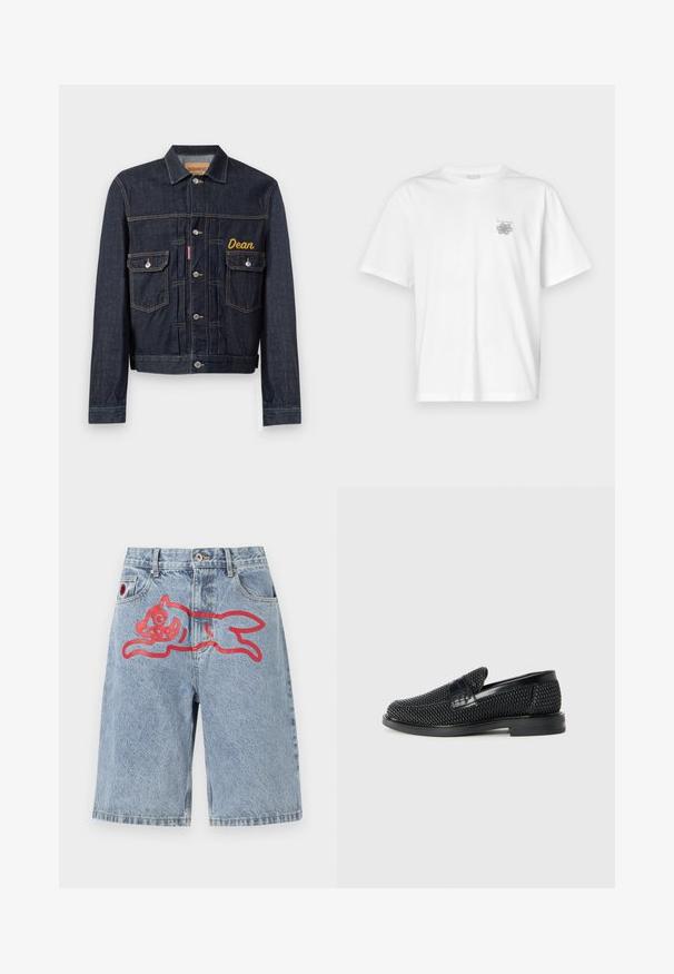Tumesinine teksajakk klassikalise disainiga, millel on kollaselt tikitud nimi "Dean", kaks rinnataskut ja hõbedased nööp-kinnitused.; Valge puuvillane T-särk lühikeste varrukatega, ümmarguse kaelusega ja väike hall logo vasakul rinnaosal. Sile tekstuur.; Heledad sinine teksapüksid, millel on lahtine lõige ja seljal suur punane graafika jooksvast loomast. Viie taskuga disain ja nööbilukk.; Must musta kootud slip-on king, millel on pehme nahast accent ülaserval, ümmargune varvas ja madal profiiliga kummitald.