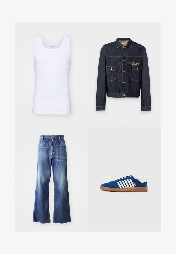 Dark blue denim jacket with a classic design, featuring yellow embroidered name "Dean," two chest pockets, and silver button hardware.; White cotton sleeveless tank top with a round neckline, featuring a smooth texture and a fitting shape, designed for casual wear.; Wide-leg blue denim jeans featuring a faded wash, five-pocket design, and a front button closure with a contrasting red accent.; Blue suede sneaker with white stripes and laces, featuring a brown rubber sole and branding on the side and heel.