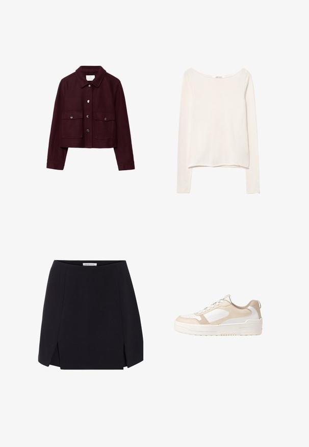 Burgundy cropped jacket made of wool, featuring a pointed collar, two front pockets, and silver snap buttons on the placket.; Long-sleeve, lightweight top in soft off-white fabric, featuring a wide neckline and a relaxed fit. Smooth texture with no patterns.; Black a-line skirt with a smooth texture, featuring side slits and a clean, minimalist design. Label visible at the waistband.; Beige and white sneaker with a smooth leather upper, perforated toe, lace-up design, textured accents, and a chunky rubber sole.