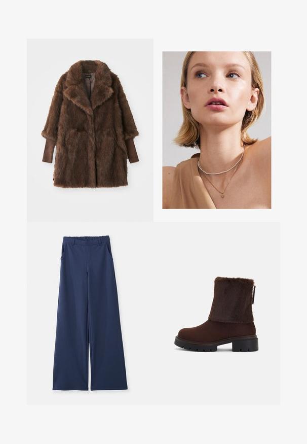 Brūns mākslīgā kažokāda ar lielu apkakli, divām priekšējām kabatām un ribota brūna piedurkņu mala. Mīksta, pūkaina tekstūra un vidēja garuma dizains.; Svītrainā kreklā krēmkrāsā un gaišā brūnā krāsā, ar pogājamu priekšpusi, apkakli un garām piedurknēm, mazliet izliekta apakšmala.; Tumši zili plati bikses ar elastīgu jostasvietu, jostas cilpiņām un sānu kabatām, izliktas plakni uz baltas fona.; Brūns potītes zābaks ar mīkstu mākslīgās kažokādas šahtu, blokveida papēdi un strukturētu gumijas zoli. Sānu rāvējslēdzēja aizdare un šuvi detaļas apakšā.; Zelta sirds kulons, kārtots ar smalku sudraba pērlīšu kaklarotu, valkāts ar bēšīgu topu. Āda ir gluda un viegli izgaismota.