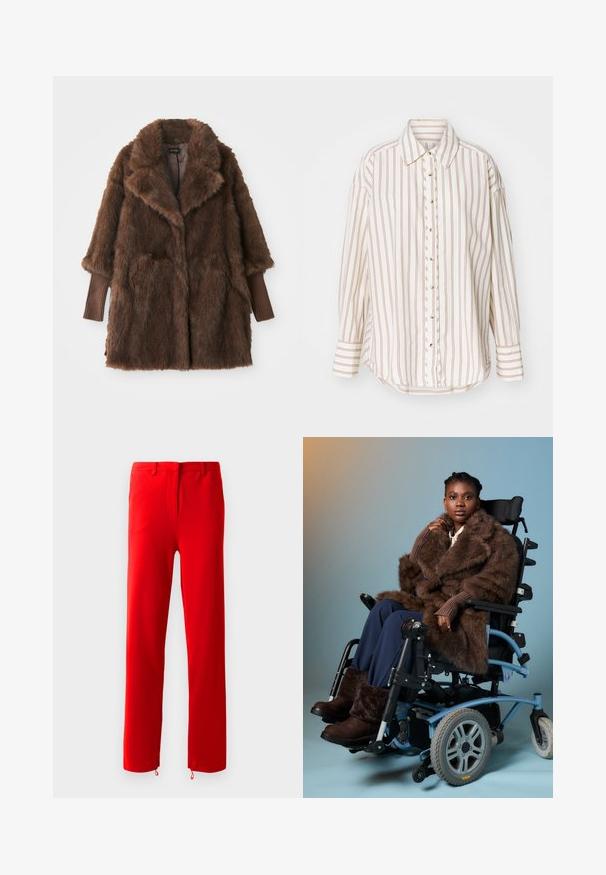 Pruun kunstkarvane mantli, millel on suur krae, kaks eesmist taskut ja ribatud pruuni varrukate otsad. Pehme, plush tekstuur ja keskmise pikkusega disain.; Kreemjas ja heleses pruunis triibuline särk, millel on nööpidega esiosak, kaelus ja pikad varrukad, millel on kergelt kõver äär.; Siled punased püksid, mis on valmistatud siledast ja venivast kangast. Omavad lapikut etteosa peidetud tõmblukuga, sirgeid jalgu ja reguleeritavaid nööre allservas.; Nais tervetuhandiline pruunist karusnahast mantlis ja saapastes istub helesinises elektrilises ratastoolis, mille taustal on neutraalne gradienit.