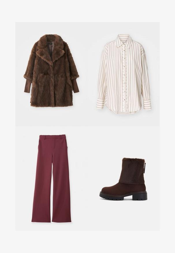 Palton din blană sintetică maro cu o guler mare, două buzunare frontale și manșete din tricot maro. Textură moale și pufoasă, cu un design de lungime medie.; Cămașă în dungi, de culoare crem și maro deschis, cu un sistem de închidere cu nasturi, guler și mâneci lungi, având un tiv ușor curbat.; Pantaloni cu picioare movi largi, de un burgund închis, cu buzunare laterale, circuite pentru curea și un detaliu cu cusătură frontală, așezați plat pe un fundal alb.; Botine maro până la gleznă, cu un șiret din blană sintetică moale, toc pătrat și talpă din cauciuc texturat. Închidere cu fermoar pe lateral și detaliu cusut în jurul bazei.