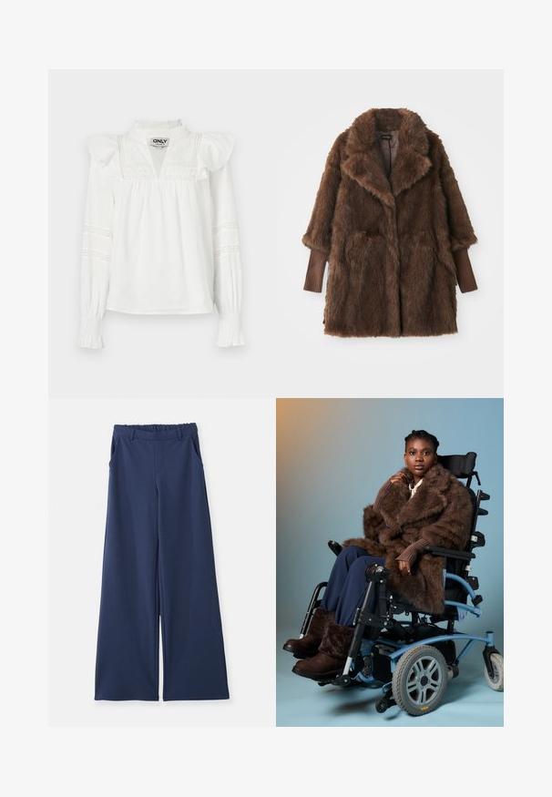 Bruine faux fur jas met een grote kraag, twee zijzakken en ribbelige bruine mouwmanchetten. Zachte, pluche textuur en middellange ontwerp.; Witte blouse met lange mouwen, franje schouders, een split halslijn en decoratieve kantdetails op de mouwen. Zachte, lichtgewicht stof.; Navyblauwe broek met brede benen, elastische tailleband, ri loops en zijzakken, plat weergegeven op een witte achtergrond.; Vrouw in een bruine bontjas en laarzen zittend in een lichtblauwe elektrische rolstoel tegen een vlakke verloopachtergrond.
