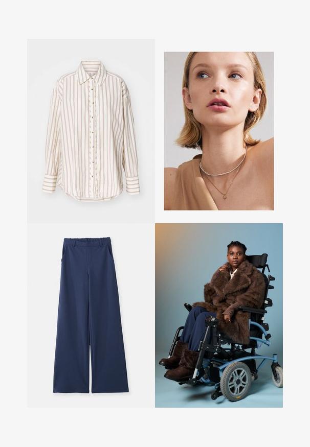 Brązowy płaszcz z sztucznego futra z dużym kołnierzem, dwiema przednimi kieszeniami i prążkowanymi brązowymi mankietami. Miękka, puszysta tekstura i średniej długości fason.; Koszula w paski w kolorze kremowym i jasnobrązowym, z zapięciem na guziki z przodu, kołnierzykiem i długimi rękawami, z delikatnie zaokrąglonym dołem.; Granatowe spodnie z szerokimi nogawkami, z elastycznym paskiem, szlufkami na pasek i kieszeniami bocznymi, prezentowane na płasko na białym tle.; Kobieta w brązowym futrze i butach siedząca w jasnoniebieskim elektrycznym wózku inwalidzkim na tle prostego gradientu.; Złota zawieszka w kształcie serca na naszyjniku, warstwowo zestawiona z delikatnym srebrnym chokerem, noszona z beżową bluzką. Skóra jest gładka i lekko rozświetlona.