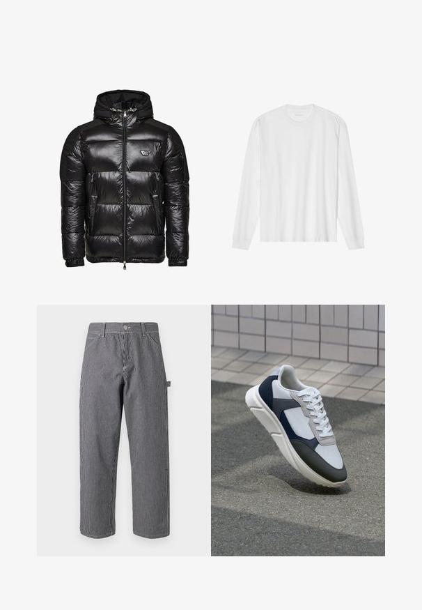 Juodas pūkinis paltas su blizgia, siuvinėta tekstūra, užtrauktuku priekyje, dviem šoniniais kišenėmis ir nuimamu kapišonu. Krūtinės srityje yra logotipo akcentas.; Ilgos rankovės baltas medvilnės marškinėliai su apvaliu kaklu ir raukšlėtomis rankovėmis. Paprastas, be puošmenų dizainas, turintis lygią tekstūrą ir standartinę prigludimą.; Dryžuoti kelnės, pagamintos iš medvilnės ir sintetinių pluoštų mišinio, su vertikaliomis juodomis ir baltomis juostomis, mygtuko užsegimu ir šoninėmis kišenėmis.; Baltos, tamsiai mėlynos ir pilkos sportbačiai su mišriomis medžiagomis, turintys tekstūruotą viršutinę dalį, plokščius raištelius ir paminkštintą pado dalį.