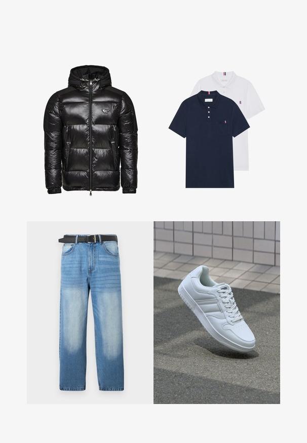 Chaqueta de plumas negra con textura brillante y acolchada, cierre frontal con cremallera, dos bolsillos laterales y capucha desmontable. Presenta un acento con el logo en el pecho.; Dos camisetas polo: una de color azul marino y otra blanca, ambas con un pequeño acento en rojo, blanco y azul en el bolsillo del pecho y el cuello.; Jean de mezclilla azul claro con pierna recta, que presenta un cinturón negro, parches desgastados y una sutil textura diagonal en la sección superior.; Zapatilla atlética blanca con parte superior de cuero suave, cierre de cordones en el frente, puntera perforada y suela con patrón. Diseño minimalista con tres rayas laterales.