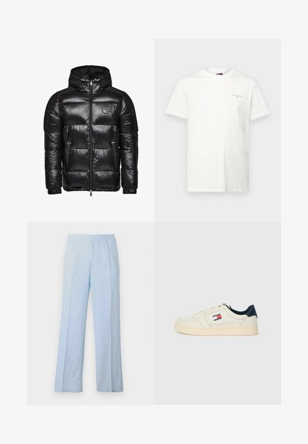 Sort pufferjakke med en blank, quiltet tekstur, lynlåslukning foran, to sidelommer og en aftagelig hætte. Har logoaccent på brystet.; Hvid bomulds T-shirt med korte ærmer, V-hals og et lille broderet logo på venstre bryst. Glat tekstur og almindelig pasform.; Lysblå, brede bukser i blødt stof med ribbet tekstur og elastisk talje, med frontfolder og en afslappet pasform.; Sneakers i cremet hvid læder med en marineblå hæl og tunge, med et logo patch i rød, hvid og blå på siden.