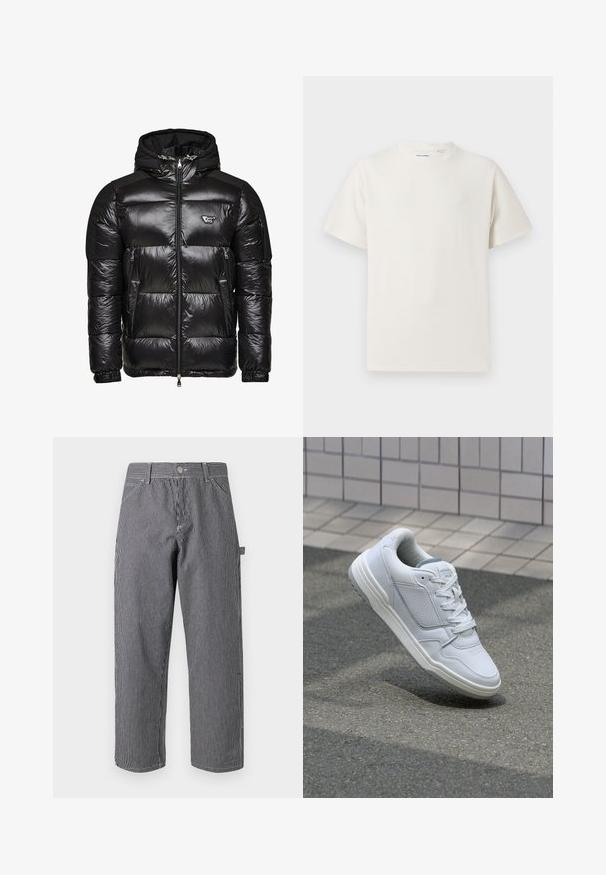 Crna puffer jakna s sjajnom, kviltanom teksturom, zatvorenim prednjim dijelom na patentni zatvarač, dva bočna džepa i odvojivom kapuljačom. Ima naglašeni logo na prsima.; Bijela kratka majica s kratkim rukavima u rebrastoj teksturi. Okrugli izrez, ležeran kroj, bez vidljivih uzoraka ili akcenta. Jednostavan i svestran dizajn.; Prugaste hlače od mješavine pamuka, s vertikalnim crnim i bijelim prugama, zatvaranje na gumb i dizajn bočnih džepova.; Bijele kožne tenisice s perforiranim bočnim dijelovima, teksturiranim akcentima, ravnim vezicama i kontrastnim sivim petom. Imaju blago povišenu potplat.