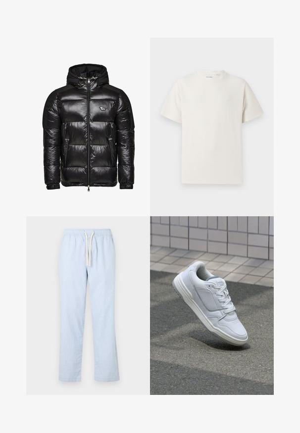 Černá péřová bunda s lesklou, prošívanou texturou, se zipovým zapínáním vpředu, dvěma bočními kapsami a odnímatelnou kapucí. Vybavená logem na hrudi.; Bílý krátký rukáv tričko s pružnou strukturou. Kulatý výstřih, volný střih, bez viditelných vzorů nebo detailů. Jednoduchý a univerzální design.; Světle modré, lehké bavlněné kalhoty s elastickým pasem, šňůrkou na stažení a rovnými nohavicemi. Hladká textura, jednoduchý design.; Bílé kožené tenisky s perforovanými stranami, texturovanými detaily, plochými tkaničkami a kontrastní šedou patou. Mají mírně zvýšenou podrážku.