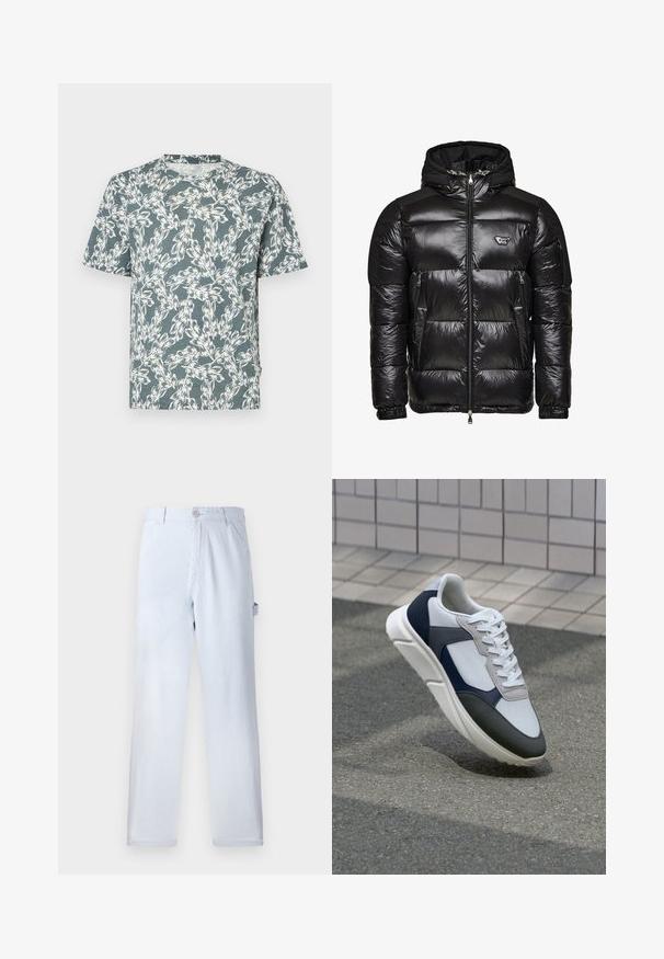 Svart pufferjakke med en blank, kviltet tekstur, glidelås foran, to sidelommer og hette som kan tas av. Har logoakcent på brystet.; Kortsleeve T-skjorte i teal farge, med et hvitt blomstermønster. Laget av lett materiale med en avslappet passform.; Lyseblå stripete bukser laget av bomull. Rett ben-design, med knappelukking foran og sidelommer. Myk tekstur.; Hvitt, marineblått og grått sportsko med en blandet materialdesign, som har en teksturert overdel, flate snørebånd og en polstret såle.