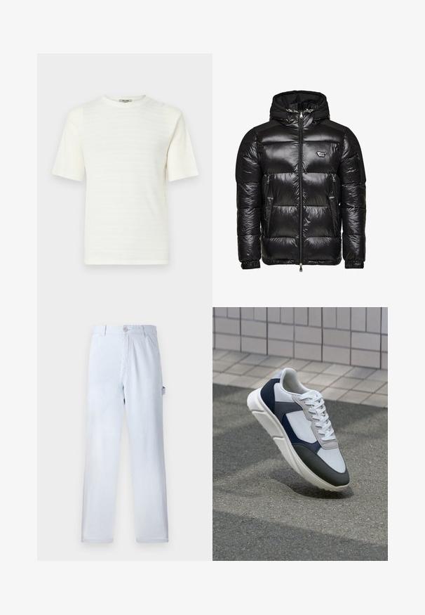 Casaco puffer preto com uma textura acolchoada brilhante, fecho frontal com zíper, dois bolsos laterais e capuz destacável. Apresenta um logótipo em destaque no peito.; T-shirt branca de manga curta feita de um tecido texturizado com um padrão horizontal subtil. Design de gola redonda, corte relaxado.; Calças listradas em azul claro, feitas de algodão. Design de perna reta, com fecho frontal por botão e bolsos laterais. Textura suave.; Sapatilhas brancas, azuis-marinho e cinzas com um design de materiais mistos, apresentando uma parte superior texturizada, atacadores planos e uma sola acolchoada.