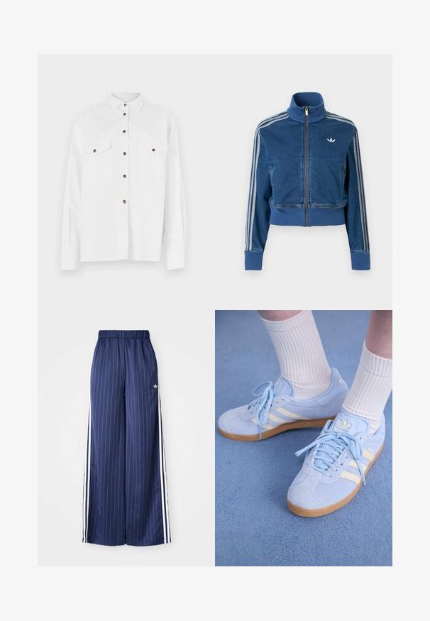 Blå denimjakke med glidelås, høy krage, ribbestrikkede mansjetter og tre hvite striper langs ermene. Har en liten logo på brystet.; Hvit langermet skjorte med krage med knapper, to brystlommer og brune knapper, med en glatt tekstur og avslappet passform.; Mørkeblå vide bukser med vertikale hvite striper, elastisk midje og tre hvite striper langs hver side, laget av et lett materiale.; Lyseblå semsskinn sneakers med hvite striper, flate snørebånd og såle i gummi. Ribbet hvite sokker bæres over ankelen.