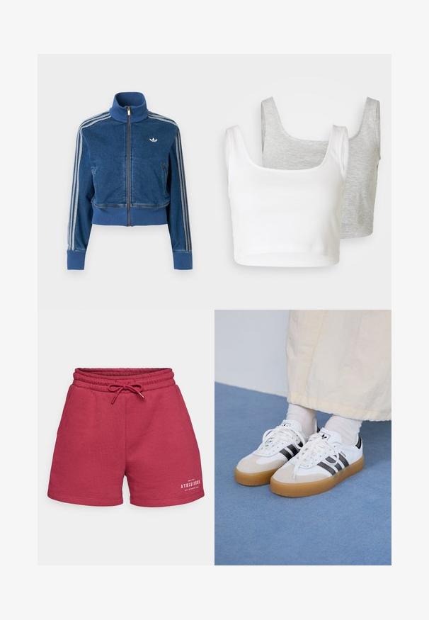 Zils džinsa josta jaka ar augstu apkakli, ribveida aprocēm un trim baltām svītrām gar piedurknēm. Uz krūtīm neliels logotips.; Divas divas krāsas T-krekli: viens balts, ribots audums; otrs gaiši pelēks, heather tekstūra. Abiem ir platas plecu siksnas un noapaļota izgriezuma forma.; Burgundijas kokvilnas auduma šorti ar elastīgu jostasvīru un auklu. Iekļauj sānu kabatas un baltu izdrukātu logotipa detaļu uz priekšpuses.; Baltas sporta apavi ar melnām svītrām un beisīgo zamšādu akcentiem. Ievies struktūrētu gumijas zoli un izkārtotas baltas šnerves, valkāti ar gaišiem zeķēm.