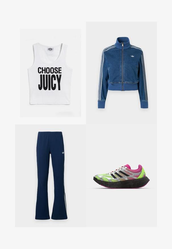 Blå denimjakke med lynlås, høj krave, ribstrikkede manchetter og tre hvide striber langs ærmerne. Har en lille logo på brystet.; Hvid ærmeløs crop top med fed sort tekst, der står "CHOOSE JUICY." Lavet af blødt, strækbart materiale med en rund halsudskæring.; Marineblå ribstrikkede flare-træningsbukser med hvide sidelister og et broderet logo på venstre side, med to sidelommer.; Sportssko med en sølv mesh-overdel, neongrønne detaljer, pink elementer og en tyk sort sål. Har et snørebånd-design og holdbare materialer.