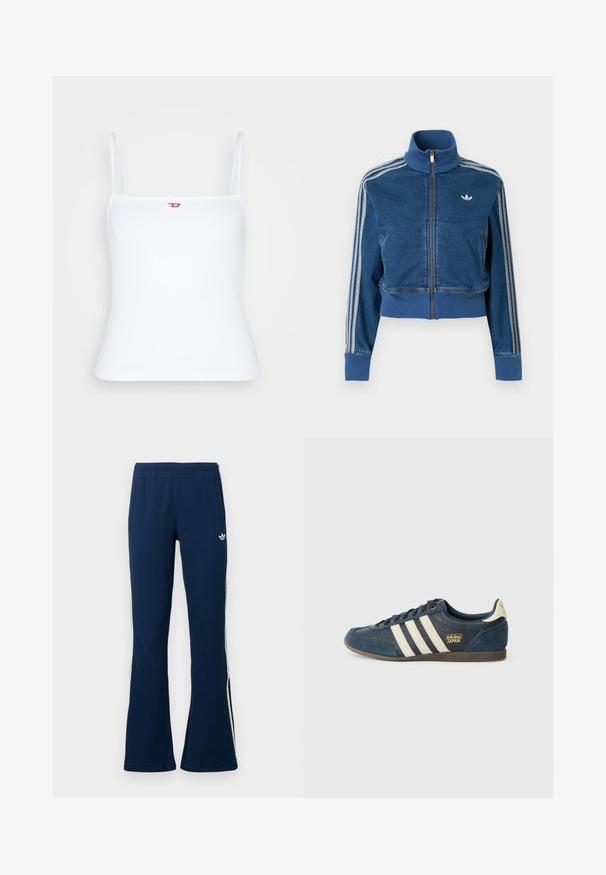 Sinine teksapesu lukuga jakk kõrge kraega, soonikkoes mansettide ja kolme valge triibuga varruka ääres. Rinnal on väike logo.; Valge ribaga kampsun, millel on reguleeritavad spaghetti rihmad ja rinnal väike punane logo tikandina. Sile puuvillane materjal.; Tumesinised soonikkoes laienevad tracksuit-püksid valgete küljeribadega ja vasakul pool tikitud logoga, millel on kaks küljetaskut.; Tumesinise nahast tennisekingad kreemjate triipudega, tekstuuriga varvasaalaga, kuldse "adidas JAPAN" logoga ja pruuni kummitaldaga. Klasikaline madala lõikega disain.