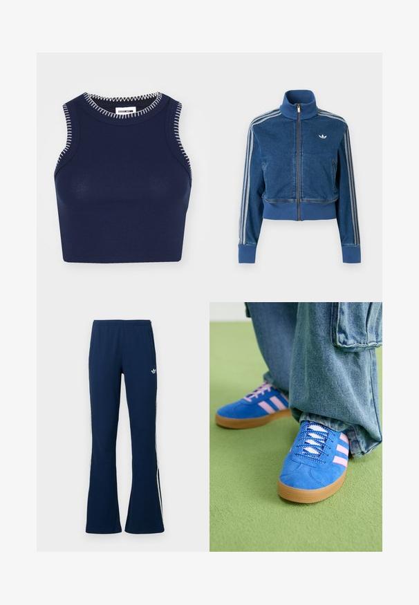 Kék farmer anyagú, cipzáras dzseki magas gallérral, bordázott mandzsettákkal és három fehér csíkkal az ujjak mentén. A mellkason kis logóval díszítve.; Patkánykék bordázott ujjatlan top, kerek nyakkivágással, kontrasztos fehér varrással a szélein.; Tengerészkék bordázott, bővülő szabású melegítőnadrág fehér oldalsávokkal és bal oldalon hímzett logóval, két oldalzsebbel.; Kék velúr cipők rózsaszín csíkokkal és fehér fűzővel, gumiból készült talppal, laza farmernadrággal egy zöld felületen.