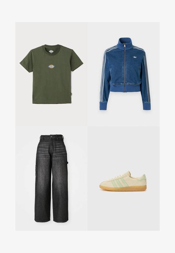 Zils džinsa josta jaka ar augstu apkakli, ribveida aprocēm un trim baltām svītrām gar piedurknēm. Uz krūtīm neliels logotips.; Olīvu zaļš kokvilnas T-krekls ar apaļu izgriezumu un īsām piedurknēm. Uz krūtīm ir daudzkrāsains logo uzlīme. Gluda tekstūra.; Platas kājas cargo džinsi tumši denima. Iezīmējas ar augstu jostasvietu, divām sānu kabatām un viegli izbalējušu faktūru. Izturīgs audums un pielāgota silueta.; Bēša zamšādas sporta apavi ar zaļiem akcentiem, ar trim svītrām, apaļu purngalu un gumijas zoli. Minimālistisks dizains ar auklu aizdari.