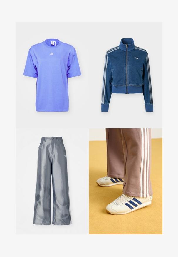 Sinine teksapesu lukuga jakk kõrge kraega, soonikkoes mansettide ja kolme valge triibuga varruka ääres. Rinnal on väike logo.; adidas Originals TEE - Lihtne T-särk - blue; Laiad püksid läikivast hallist materjalist, valgete külgtriipudega ja põlevate mustritega alumistes jalgades. Nööp ja lukku kinnitamine vööl.; Kreemikaded siniste seemisribade, valgete paelte ja kummitaldadega. Kombineeritud hallide dressipükstega, millel on valged küljeribad.
