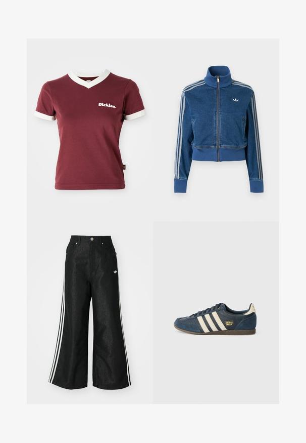 Μπλε τζιν μπουφάν με φερμουάρ, ψηλό γιακά, ριμπ μανσέτες και τρεις λευκές ρίγες κατά μήκος των μανικιών. Διαθέτει μικρό λογότυπο στο στήθος.; Μπορντό μπλουζάκι V με λευκό ριγωτό γιακά και μανίκια. Διαθέτει το λευκό λογότυπο "Dickies" στο αριστερό στήθος. Κατασκευασμένο από βαμβάκι, με στενή γραμμή.; Μαύρο τζιν παντελόνι με φαρδιά πόδια, με τρεις λευκές ρίγες σε κάθε πλευρά και ένα μικρό λευκό λογότυπο. Διαθέτει εμπρόσθιες τσέπες και κούμπωμα με κουμπί.; Σκούρο μπλε σουέτ αθλητικά παπούτσια με κρεμ ρίγες, υφασματική περιοχή στο άκρο, χρυσό λογότυπο "adidas JAPAN" και καφέ ελαστική σόλα. Κλασικός χαμηλός σχεδιασμός.
