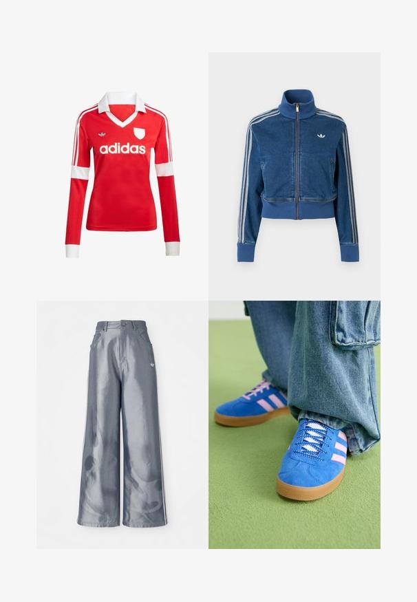 Modrá džínová bunda na zip s vysokým límcem, žebrovanými manžetami a třemi bílými pruhy podél rukávů. Na hrudi je malý logo.; Červený fotbalový dres s dlouhým rukávem a bílým límcem a manžetami. Na ramenou má tři bílé pruhy a zřetelně vystouplé logo "adidas".; Kalhoty s širokými nohavicemi z lesklého šedého materiálu, se bílými bočními pruhy a plamenným vzorem na spodní části nohavic. Zapínání na knoflík a zip v pase.; Modré semišové boty s růžovými pruhy a bílými tkaničkami, vybavené gumovou podrážkou, spárované s volnými džínovými kalhotami na zeleném povrchu.