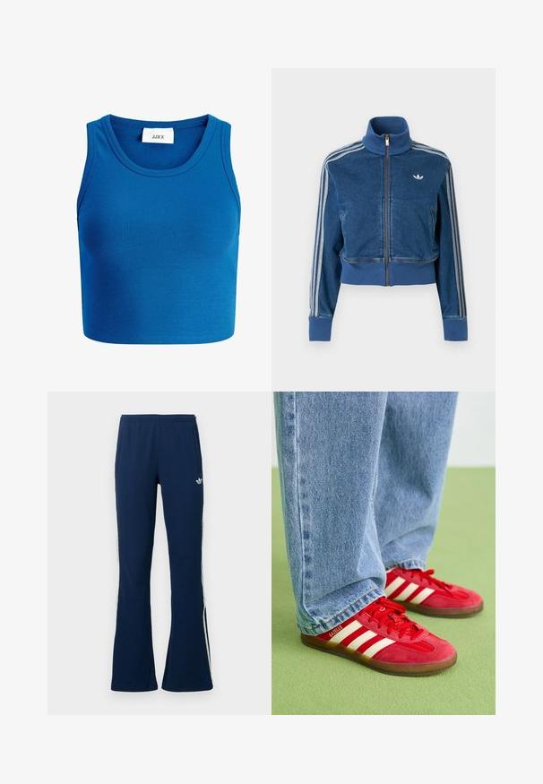 Mėlyna džinsinė striukė su užtrauktuku, aukštu apykakliu, riboto audinio rankogaliais ir trimis baltomis juostelėmis rankovėse. Ant krūtinės yra mažas logotipas.; Mėlynas raštuotas trumpas sijonas su plačiu iškirpimu, be rankovių dizainu ir etiketė, ant kurios parašyta "JJXX", esančia iškirpimo centre.; Tamsiai mėlynos spalvos siūluotos platėjančios sportinės kelnės su baltomis juostelėmis šonuose ir siuvinėta logotipu kairėje pusėje, turi dvi šonines kišenes.; Raudoni nubuko sportbačiai su trimis baltais dryžiais, apvaliu pirštu ir tekstūruotu padu, derinami su šviesiai mėlynomis džinsinėmis kelnėmis ant žalio fono.