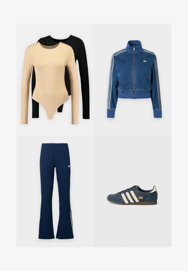 Giacca di jeans blu con cerniera e collo alto, polsini a costine e tre strisce bianche lungo le maniche. Presenta un piccolo logo sul petto.; Due bodysuit a maniche lunghe: uno beige con una texture liscia e scollatura arrotondata, l'altro nero. Entrambi presentano un design aderente e una coulisse a stringa.; Pantaloni della tuta blu navy a coste svasati con strisce laterali bianche e logo ricamato sul lato sinistro, dotati di due tasche laterali.; Sneaker in suede blu navy con strisce crema, area della punta testurizzata, logo dorato "adidas JAPAN" e suola in gomma marrone. Design classico low-top.