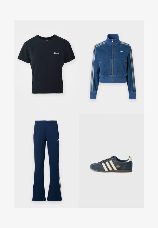 Mėlyna džinsinė striukė su užtrauktuku, aukštu apykakliu, riboto audinio rankogaliais ir trimis baltomis juostelėmis rankovėse. Ant krūtinės yra mažas logotipas.; Juodas medvilninis marškinėlis su trumpomis rankovėmis, apvaliu kaklu ir mažuoju baltu siuvinėtu logotipu ant krūtinės. Klasikinis, prigludęs dizainas.; Tamsiai mėlynos spalvos siūluotos platėjančios sportinės kelnės su baltomis juostelėmis šonuose ir siuvinėta logotipu kairėje pusėje, turi dvi šonines kišenes.; Tamsiai mėlynos su auliuku sportbačiai su kreminėmis juostelėmis, tekstūruota pirštų zona, auksinė "adidas JAPAN" logotipas ir ruda gumos padas. Klasikinis žemas dizainas.