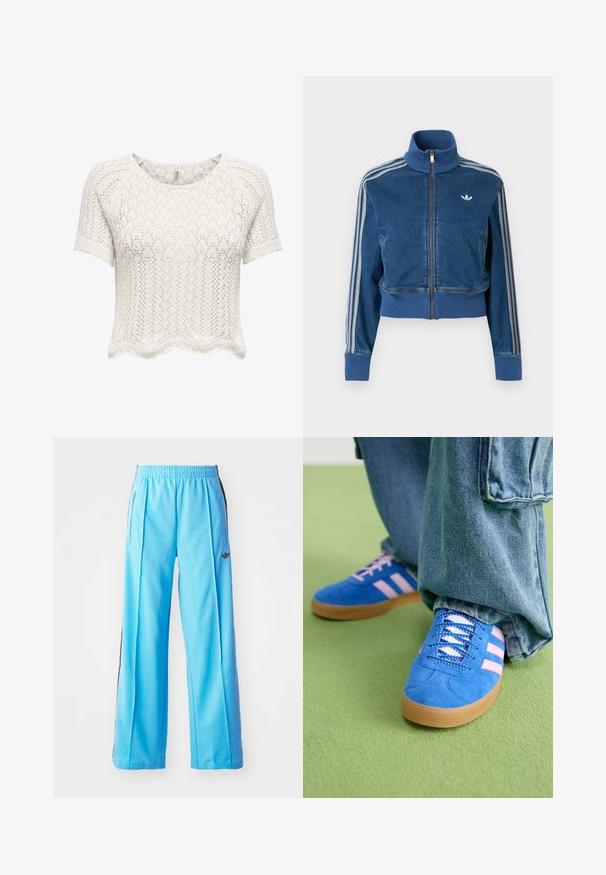 Blauwe denim jas met rits en hoge kraag, geribbelde manchetten en drie witte strepen langs de mouwen. Heeft een klein logo op de borst.; Witte, kortaf gemouwen, cropped trui gemaakt van opengebreid materiaal met een gegolfde zoom en een gestructureerd patroon. Ronde halslijn en een losse pasvorm.; Lichtblauwe sportbroek met een elastische tailleband, zijritsen en zwarte accenten aan de zijkanten. Zachte stof met een losse, wijde pijpdesign.; Blauwe suède schoenen met roze strepen en witte veters, voorzien van een gumrubberen zool, gecombineerd met losse denim broek op een groene ondergrond.