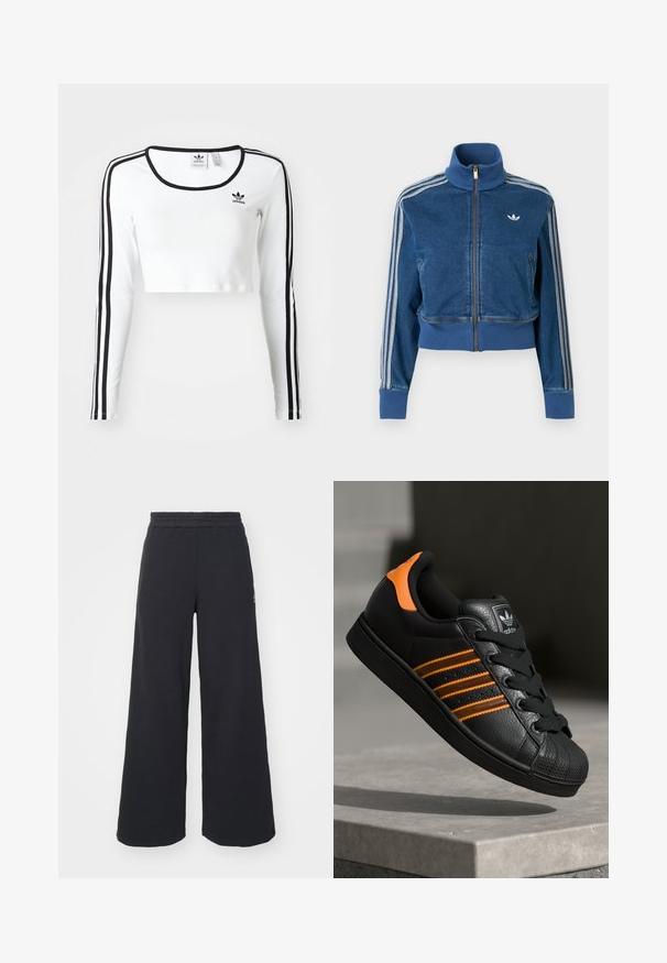 Sinine teksapesu lukuga jakk kõrge kraega, soonikkoes mansettide ja kolme valge triibuga varruka ääres. Rinnal on väike logo.; Valge pikade varrukatega lühike topp mustade triipudega varrukatel, ümar kaelus ja väike must logo rinnas. Sile kangastektoos.; Mustad laiad spordipüksid, mis on valmistatud pehmest kangast, elastse vöökohtaga ja väikese logoga vasakul küljel.; Mustad mustad mustad oranzhides üksikasjad, kolm horisontaalset triipu, tekstureeritud nahk pealisosa, kummist varbaosa ja mustad paelad.