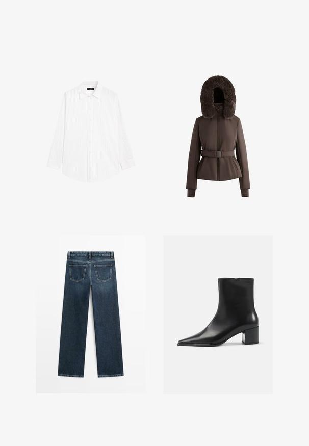 Brun polstret jakke med hætte i pels, tætsiddende talje, fuld frontlynlås og ribbede manchetter, designet til varme og komfort.; Hvid skjorte med knapper og lodrette lysegrå striber, spredt krave, lange ærmer og en afslappet pasform. Fremstillet af letvægtsstof.; Mørkeblå denimjeans i lige snit med to baglommer og synlig syning langs sømme og kanter.; Sort læder ankelstøvle med spidse tæer, glat tekstur og mellemhøj blokhæl. Minimalistisk design, lynlås lukning bagpå.