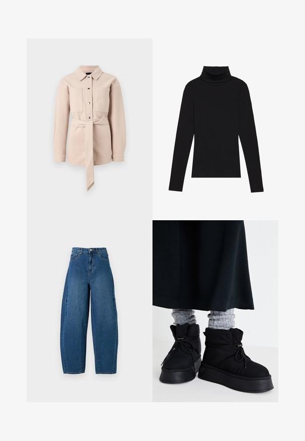 Ljus beige skjorta med bälte och krage, framknäppning, två bröstfickor och långa ärmar. Slät textur, minimalistisk design.; Svart polokrage långärmad topp, tillverkad av ribbat tyg, har en figurnära design med hög hals och inga mönster eller accenter.; Denimjeans i en medelblå tvätt, med hög midja, bred benkutt och standard femficksdesign med synliga sömnadsdetaljer.; Svarta fluffiga ankellångstövlar med platt sula, snörning och framträdande sömmar. I kombination med grå ribbade strumpor som tittar fram, bärs med en mörk kjol.