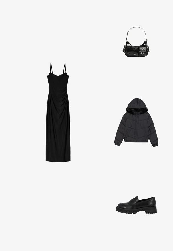 Zwarte pufferjack met een capuchon en nepbont afwerking, met een gewatteerd ontwerp, twee zijzakken en drukknoopsluitingen.; Zwart midi-jurk met dunne verstelbare bandjes, voorzien van een gedrapeerd ontwerp en een gladde textuur. Geen zichtbare patronen of versieringen.; Zwarte leren instappers met een afgeronde neus, accentuerende voorkantstrap en een dikke, robuuste rubberen zool. Gladde textuur en minimalistisch ontwerp.; Zwarte laarzen in lakleer met een gebogen vorm, één schouderband, voorvakken en accenten in zilverkleurig metaal.; Zwarte laarzen in lakleer met een gebogen vorm, één schouderband, voorvakken en accenten in zilverkleurig metaal.