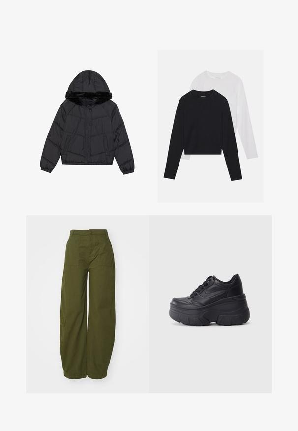 Chaqueta de plumas negra con capucha y ribete de piel sintética, que presenta un diseño acolchado, dos bolsillos laterales y cierres de botones a presión.; Dos camisetas de manga larga: una negra y una blanca. Ambas cuentan con un cuello redondo, mangas raglán y una suave mezcla de algodón.; Pantalones cargo verde oliva de algodón, con un diseño de pierna ancha, bolsillos delanteros y un cierre de botón en la cintura.; Zapatillas negras con cordones y suela gruesa, con parte superior de cuero suave, punta redondeada y un diseño de plataforma en capas distintivo.