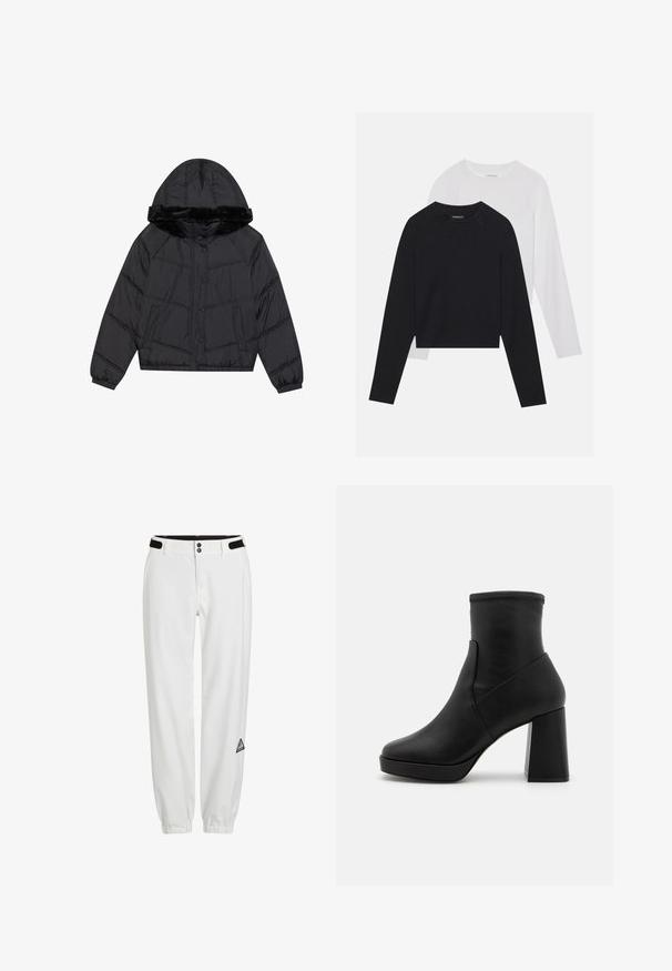 Czarna kurtka puchowa z kapturem i sztucznym futerkiem, z pikowanym wzorem, dwiema bocznymi kieszeniami oraz zapięciami na napy.; Dwie koszule z długim rękawem: jedna czarna, a druga biała. Obie mają okrągły dekolt, rękawy raglanowe i miękką bawełnianą tkaninę.; Białe spodnie z elastycznym pasem, z dwoma guzikami i akcentami z czepcem Velcro w kolorze czarnym. Zawierają małą, trójkątną łatę z logo po boku.; Czarny skórzany boot ankle z wysokim blokowym obcasem, gładką teksturą i dopasowaną cholewką. Oferuje bezszwowy design bez widocznych zapięć.