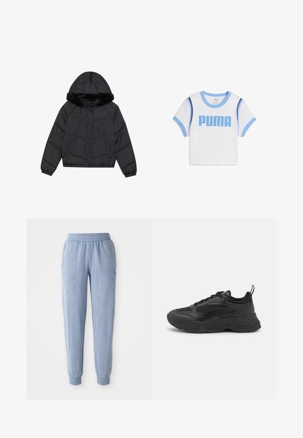 Černá péřová bunda s kapucí a umělou kožešinou, s prošívaným designem, dvěma bočními kapsami a patentními knoflíky.; Bílý tričko s krátkým rukávem a modrými detaily, na kterém je tučný nápis "PUMA" v modré barvě. Materiál je jemný, s klasickým kulatým výstřihem a přiléhavým střihem.; Modré tepláky vyrobené z měkké tkaniny s elastickým pasem a manžetami; mají jemnou strukturu a malé logo na jedné straně.; Černé sportovní boty s vrškem z síťoviny a syntetiky, texturovanými akcenty, silnou gumovou podrážkou a podpůrnými designovými prvky.