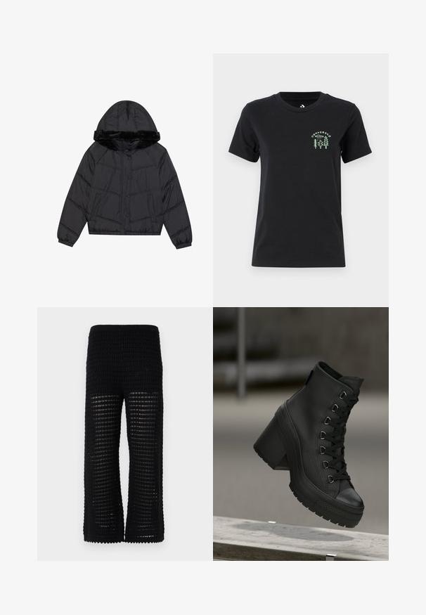 Fekete puffanjak, kapucnival és műszőrme díszítéssel, steppelt kivitelben, két oldalsó zsebbel és patentos záródással.; Converse FOREST ART TEE - Nyomott mintás póló - black; Fekete kötött nadrág, amely texturált, nyitott hálós kialakítással rendelkezik, széles szárakkal. Az derékrész elasztikus a kényelem és a könnyű viselet érdekében.; Fekete magasszárú platform csizmák texturált bőrfelülettel, elöl fűzős kialakítással és vastag sarkkal. Gumi talppal rendelkezik, jellegzetes mintázattal.