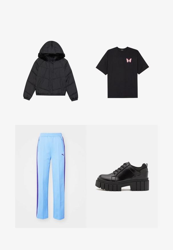 Schwarze Daunenjacke mit Kapuze und Kunstfellbesatz, mit gestepptem Design, zwei seitlichen Taschen und Druckknopfverschlüssen.; Schwarzes Baumwoll-T-Shirt mit kurzen Ärmeln, das ein kleines pinkes Schmetterlingsmotiv auf der linken Brust zeigt. Crewneck-Design mit einem entspannten Schnitt.; Helleblaue Jogginghosen mit lila seitlichen Streifen, elastischem Bund und mit Reißverschluss versehenen Taschen. Weicher Stoff und gerader Schnitt.; Schwarze Lederplateauschuhe mit klobigem Blockabsatz, runder Zehenpartie und traditionellem Schnürdesign. Verfügt über eine glatte Textur und minimale Details.