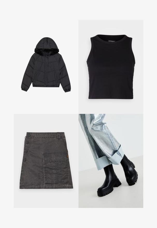 Casaco puffer preto com capuz e detalhe de pelo sintético, apresentando um design acolchoado, dois bolsos laterais e fechos de botão de pressão.; Top cropped preto canelado com gola redonda e design sem mangas. Feito de um tecido macio e elástico, apresentando bordas limpas e com bainha.; Saia cinza feita de tecido texturizado com fecho de botão na frente e um bolso lateral. Apresenta um leve aspeto desgastado e detalhes costurados.; Botas pretas grossas até ao tornozelo com solas texturizadas, usadas com calças metálicas prateadas com uma bainha de denim claro. Design minimalista, materiais elegantes.