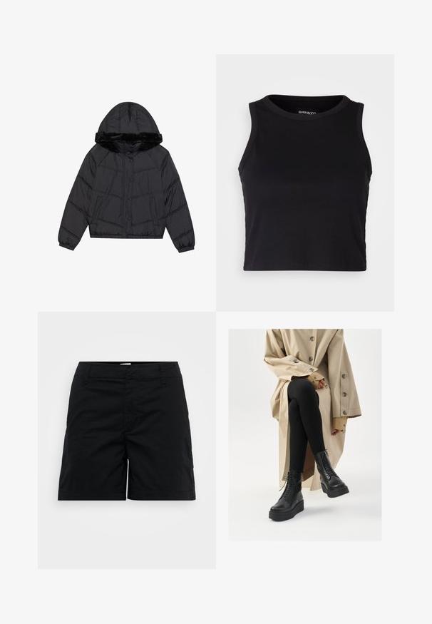 Sort pufferjakke med hætte og kunstpelskant, med en quilted design, to sidelommer og trykknaplukninger.; Sort ribbet crop tank top med rund halsudskæring og ærmeløs design. Fremstillet af blødt, strækbart stof, med rene kantede kanter.; Sorte bomuldsshorts med lige snit, der har en talje, frontlommer og minimalistisk design. Glat tekstur og ingen synlige mønstre.; Sorte læder ankelstøvler med snøre detaljer, hævet platformssål og strukturerede sorte leggings, båret med en lys beige trenchcoat.