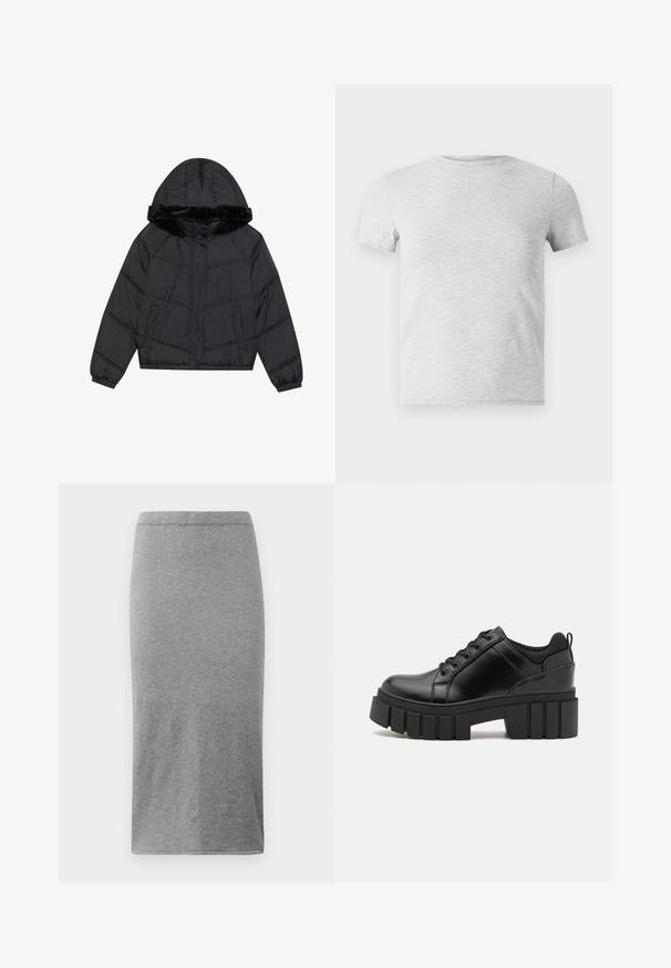 Melna pūkām piederoša jaka ar kapuci un mākslīgo kažokādu, kas raksturota ar quilted dizainu, divām sānu kabatām un spiedpogām.; Pelēks īsām piedurknēm T-krekls ar apaļu kakla izgriezumu, izgatavots no kokvilnas auduma maisījuma, ar gludu faktūru un vienkāršu, neizrotātu dizainu.; Pelēka, līdz ceļgaliem garuma svārki, izgatavoti no mīkstas, elastīgas auduma. Piedāvā vienkāršu, formas pieguļošu dizainu ar elastīgu jostasvietu un gludu tekstūru.; Melnas ādas platformas kurpes ar masīvu bloku papēdi, apaļu purngalu un tradicionālu saistīšanas dizainu. Izceļas ar gludu tekstūru un minimālu apdari.