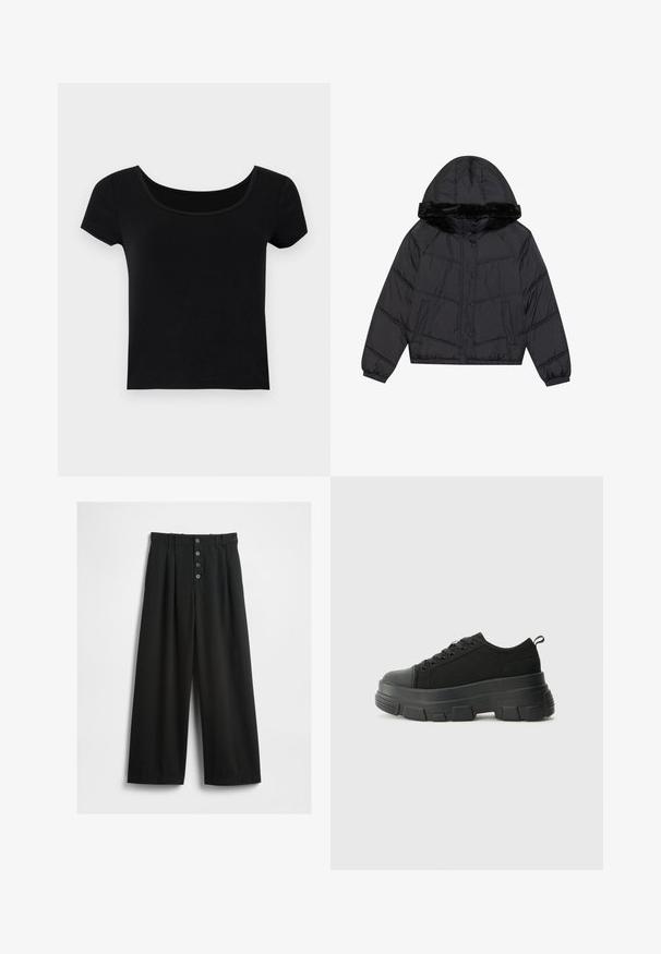 Melna pūkām piederoša jaka ar kapuci un mākslīgo kažokādu, kas raksturota ar quilted dizainu, divām sānu kabatām un spiedpogām.; Melna īsām piedurknēm T-kreklu ar plašu apaļu kakla izgriezumu, izgatavots no mīksta, elastīga auduma, ar pieguļošu siluetu un bez papildu rakstiem.; Platas kājas melni bikses, izgatavotas no teksturēta auduma. Iezīmēts augsts viduklis, piecu pogu priekšpusē ar aizdari, un nospiesti pleci papildu detaļai.; Melnas kedas ar masīvu gumijas zoli, teksturētu auduma augšdaļu, apaļu purngalu un saistīšanas dizainu. Iekļautas pastiprinātas acs atveres un aizmugurējais cilpiņas siksniņa.
