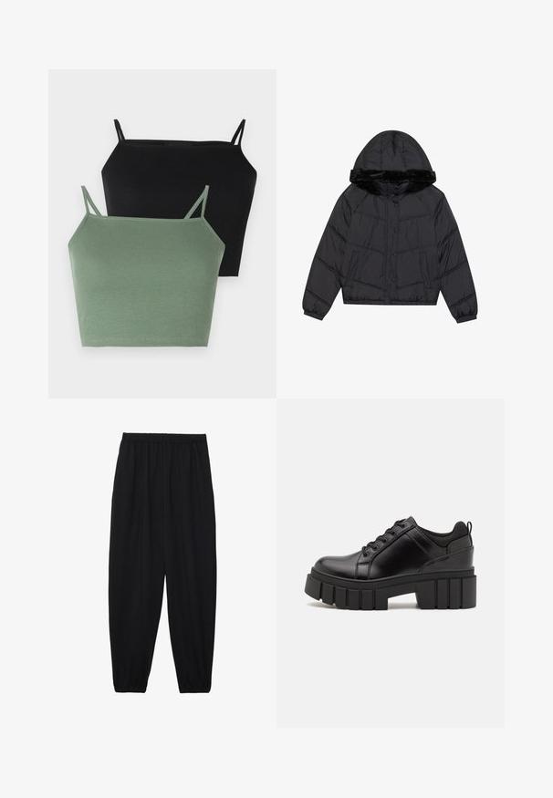 Musthave musta puffjakker, millel on kapuuts ja vale karusnaha ääris, ruuduline disain, kaks küljetaskut ja nupuga sulgemine.; Kaks ribadega kampsunit: üks must ja teine salviroheline, millel on õhukesed reguleeritavad rihmad ja keha lähedane siluett.; Mustad, kerge kangas püksid elastse vöökoha ja kokku volditud pahkluudega. Kanga pind on sile ja disain on lõdvestunud, kitsenev.; Must musta platvormsussid paksu plokkninal, ümmarguse varbaga ja traditsioonilise nööridega kinnitamisega. Sussid on sileda tekstuuriga ja minimaalsete detailidega.