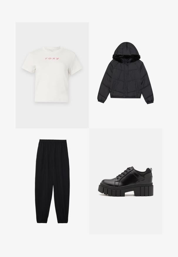 Μαύρο φούτερ μπουφάν με κουκούλα και ψεύτικη γούνα, με κεντημένο σχέδιο, δύο πλαινά τσεπάκια και κουμπώματα με κουμπιά.; Λευκό μπλουζάκι από βαμβάκι με κοντά μανίκια και στρογγυλή λαιμόκοψη, με ροζ λογότυπο "roxy" τυπωμένο μπροστά. Σχέδιο κανονικής εφαρμογής.; Μαύρο, ελαφρύ παντελόνι με ελαστική μέση και μαζεμένα μπατζάκια. Το ύφασμα είναι λείο και έχει χαλαρή, κωνική σχεδίαση.; Μαύρα δερμάτινα παπούτσια πλατφόρμας με παχύ μπλοκ τακούνι, στρογγυλή μύτη και παραδοσιακό σχέδιο δέσιμο. Διαθέτουν λεία υφή και ελάχιστες λεπτομέρειες.