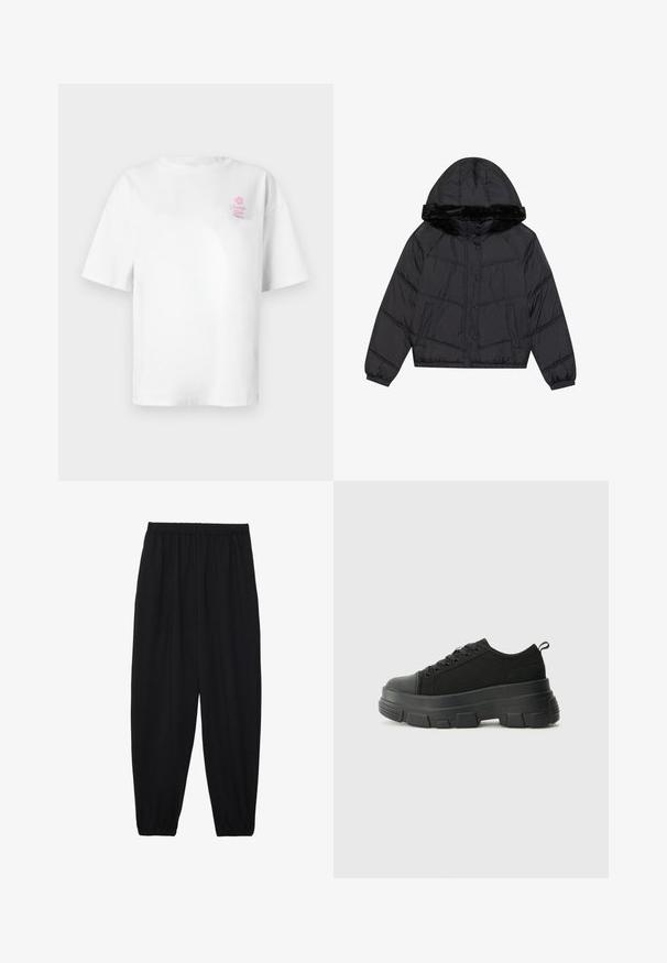Jachetă puffer neagră cu glugă și detalii din blană sintetică, având un design matlasat, două buzunare laterale și închidere cu capse.; Tricou alb din bumbac cu mâneci scurte, decolteu rotund, având un mic logo roz „Vacation Club” pe partea stângă a pieptului.; Pantaloni negri, ușori, cu un brâu elastic și tivuri strânse. Materialul este neted și are un design relaxat, conic.; Adidași negri cu talpă groasă din cauciuc, superior din material texturat, bot rotund și design cu șireturi. Include gauri întărite pentru șireturi și o buclă pe spate.