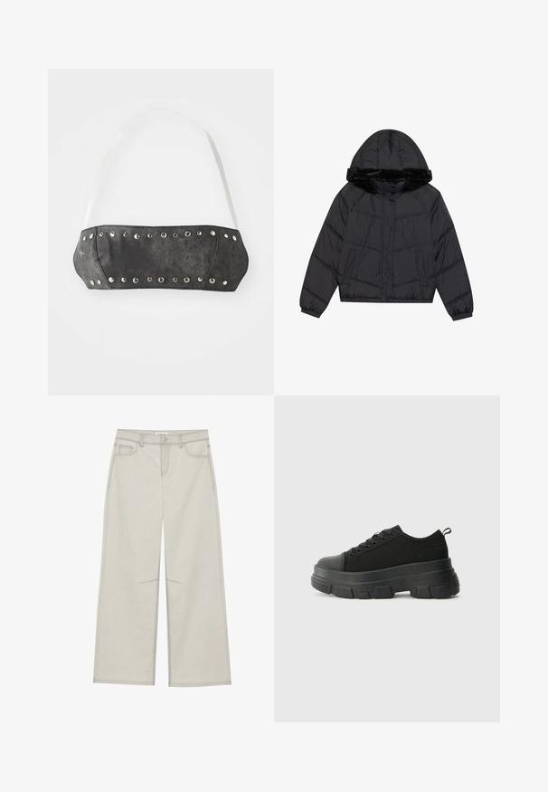 Črna puhovka s kapuco in umetnim krznom, s prešito zasnovo, dvema stranskima žepoma in gumbi na pritisk.; Črna umetna usnjena bandeau zgornji del s srebrnimi kovinskimi nitnimi okrasnimi elementi ob sprednjem robu; ima bele nastavljive naramnice. Gladka tekstura, strukturirana oblika.; Svetlo sivi široki hlače s pet žepov, sprednjem zapiranju na gumb in kontrastnim šivom ob šivih. Tkanina izgledata mehka in trpežna.; Črne teniske z debelim gumijastim podplatom, zgornji del iz teksturirane tkanine, okrogla punta in zavezovanje z vrvicami. Vključujejo ojačane luknje za vrvice in zanko na hrbtu.