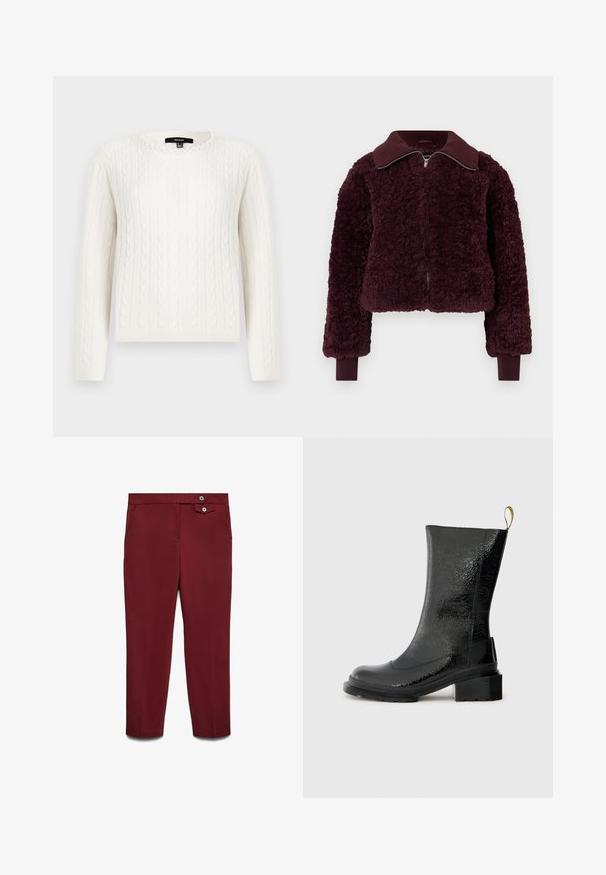 Hřejivá plyšová bunda v tmavě burgundské barvě se zipem, žebrovaným límcem a manžetami, strukturovanou fleecovou tkaninou a dlouhými rukávy.; Bílý svetr s pleteninou, dlouhými rukávy, kulatým výstřihem a dekorativním perlovým akcentem na límci. Měkká textura a přiléhavý design.; Úzké bordové kalhoty s bočními kapsami a dvojitým zapínáním na knoflíky v pase, vyrobené z hladké látky.; Černé kotníkové boty vyrobené z lesklého, texturovaného materiálu. Mají široký podpatek a očko na zadní straně pro snadné obouvání.