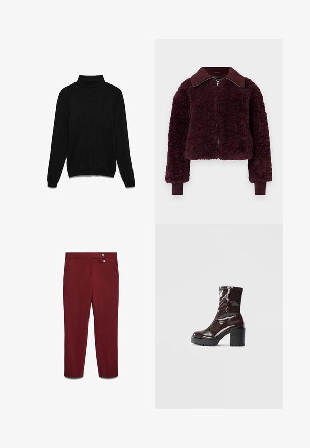 Mehakasti temno rdeča zadrgo jakna z rebrastim ovratnikom in manšetami, teksturirano flisasto tkanino in dolgimi rokavi.; Črni pulover s polrolim iz pletenega blaga. Ima dolge rokave, rebrast ovratnik in sproščen kroj. Brez vidnih vzorcev ali poudarkov.; Slim fit bordeaux hlače z stranskimi žepi in zapiranjem na dvojen gumb v predelu pasu, narejene iz gladkega materiala.; Sijajan škrlatank z bleščečim videzom, z masivnim črnim peto, ki se ponaša z gladko teksturo in preprostim dizajnom. Brez vidnih zapenjal ali vzorcev.