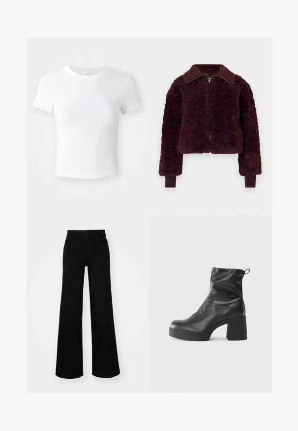Pehmeast sügava burgundia värvi lukuga jakk, ribakrae ja mansettidega, tekstuuriga fliiskangast ja pikkade varrukatega.; Üksik valge lühikeste varrukatega lühike T-särk ümmarguse kaelusega, esitatud neutraalsel heledal taustal.; Mustad mustad püksid, mis on valmistatud denimist, struktuurse vöökohtade, vöökootidega ja esikottidega. Sile tekstuur klassikalise disainiga.; Mustad mustad ansapüksid, mis on valmistatud siledast nahast, külje zipperiga, paksu tekstuuriga kontsaga ja ümmarguse nina disainiga.